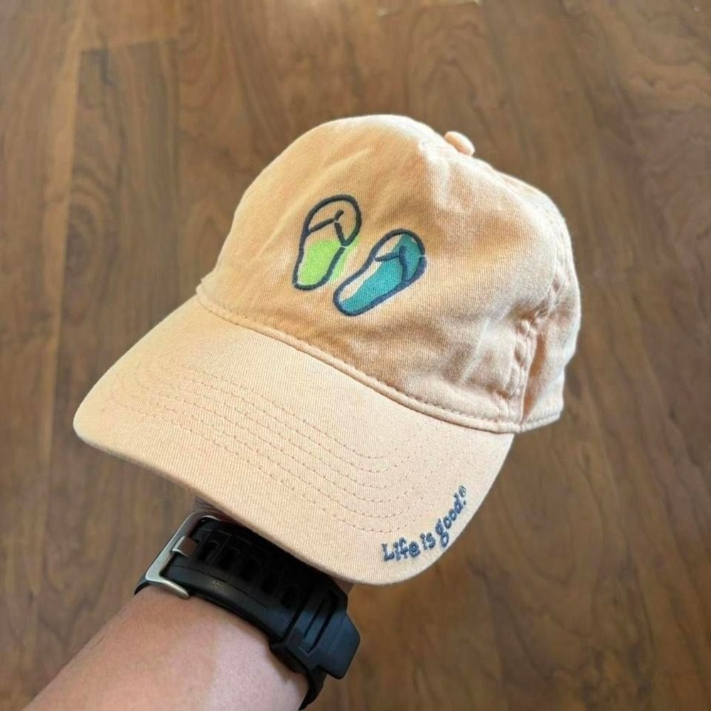 Life is Good orange flip flop dad hat with quote inside, adjustable strap